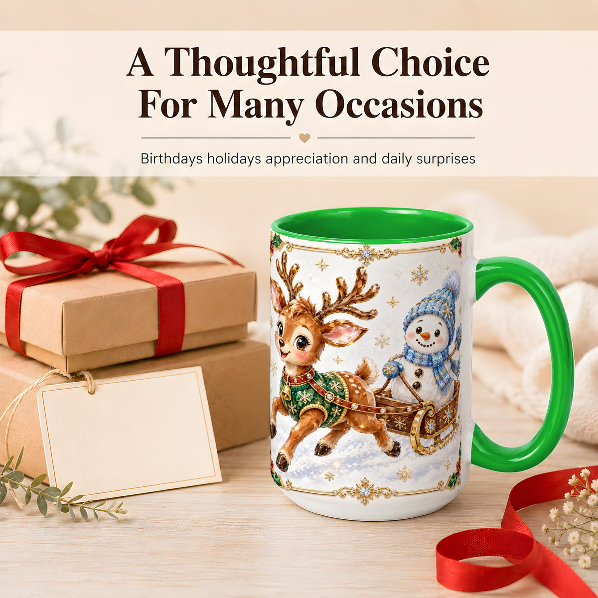 #pl[15oz|Green] Crystal Reindeer Coffee Mug, Snowman Sleigh Mug, Ceramic Cup