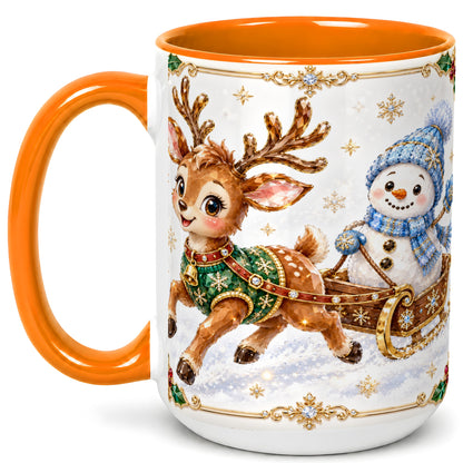 #pl[15oz|Orange] Crystal Reindeer Coffee Mug, Snowman Sleigh Mug, Ceramic Cup