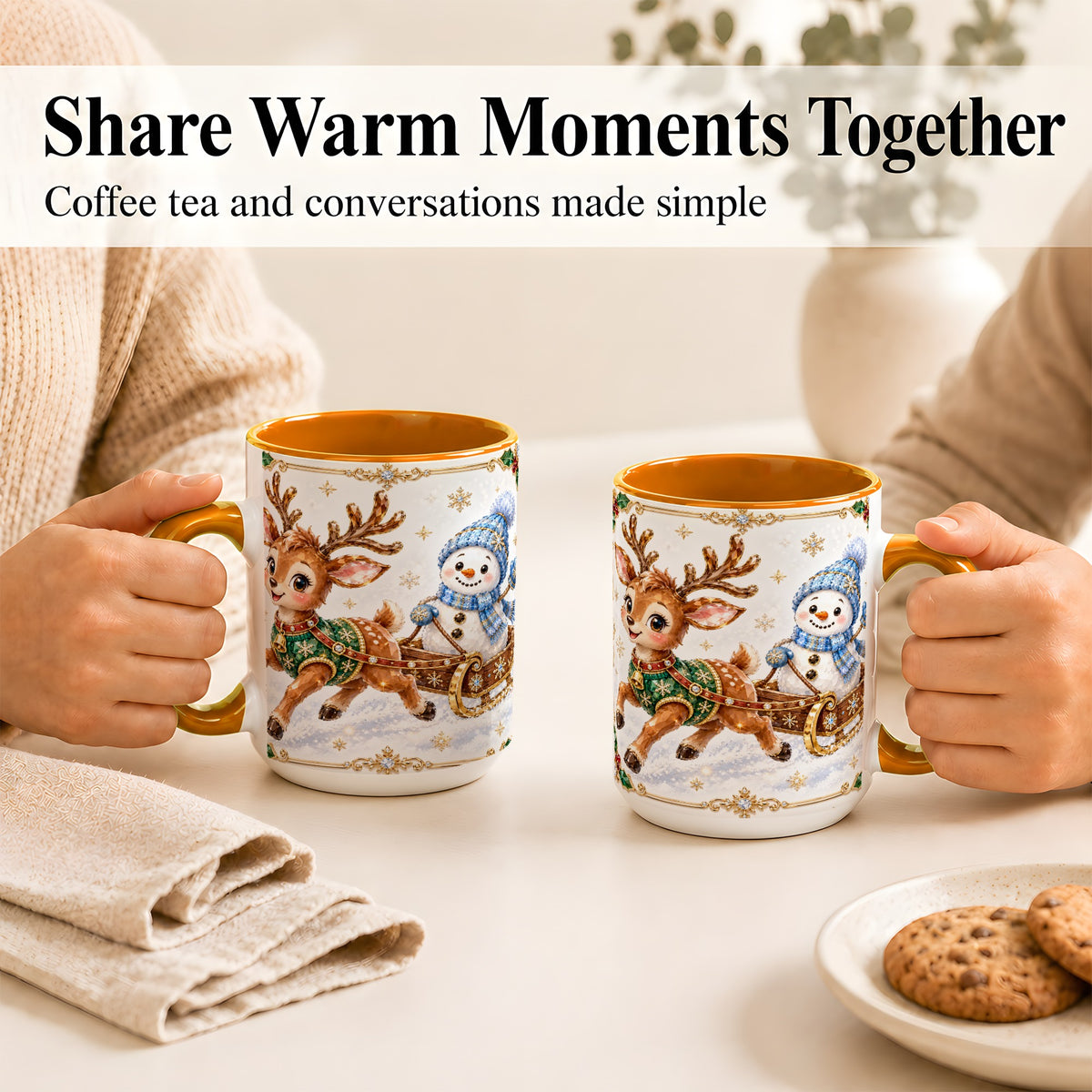 #pl[15oz|Orange] Crystal Reindeer Coffee Mug, Snowman Sleigh Mug, Ceramic Cup