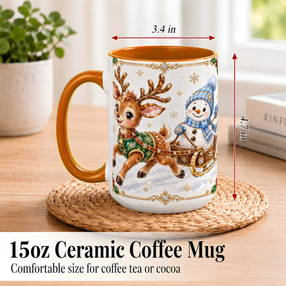 #pl[15oz|Orange] Crystal Reindeer Coffee Mug, Snowman Sleigh Mug, Ceramic Cup