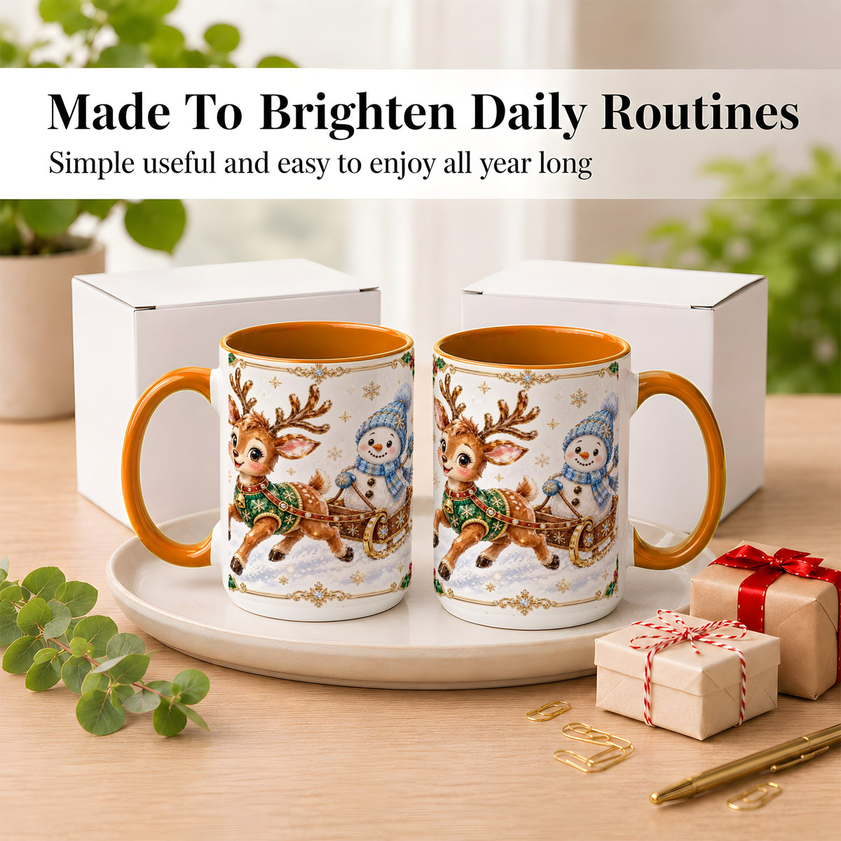 #pl[15oz|Orange] Crystal Reindeer Coffee Mug, Snowman Sleigh Mug, Ceramic Cup