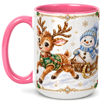 #pl[15oz|Pink] Crystal Reindeer Coffee Mug, Snowman Sleigh Mug, Ceramic Cup