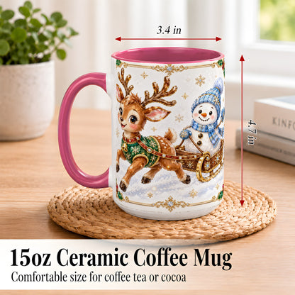 #pl[15oz|Pink] Crystal Reindeer Coffee Mug, Snowman Sleigh Mug, Ceramic Cup