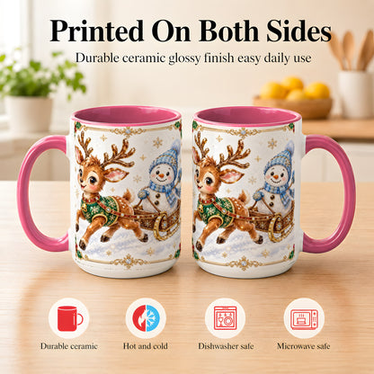 #pl[15oz|Pink] Crystal Reindeer Coffee Mug, Snowman Sleigh Mug, Ceramic Cup