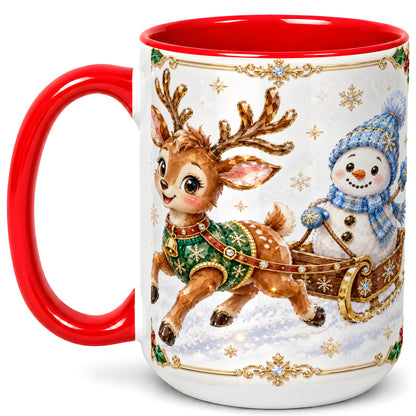 #pl[15oz|Red] Crystal Reindeer Coffee Mug, Snowman Sleigh Mug, Ceramic Cup