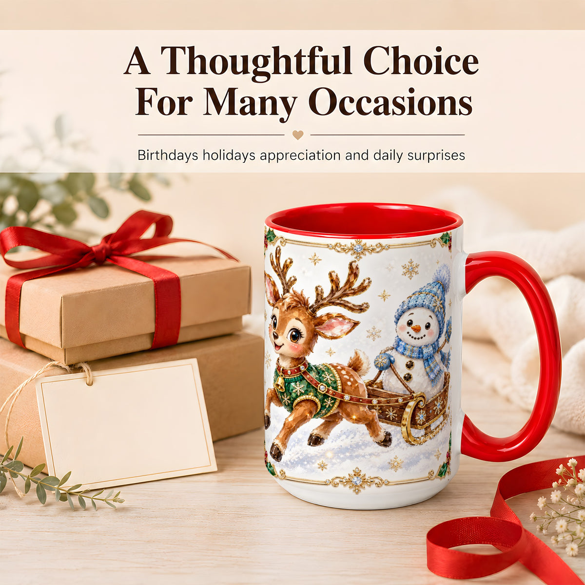 #pl[15oz|Red] Crystal Reindeer Coffee Mug, Snowman Sleigh Mug, Ceramic Cup