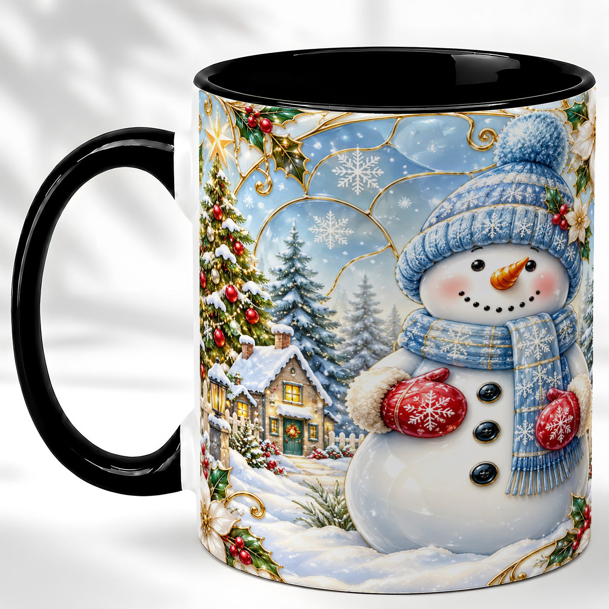 #pl[11oz|Black] Snowman Village Coffee Mug, Christmas Tree Mug, Ceramic Cup