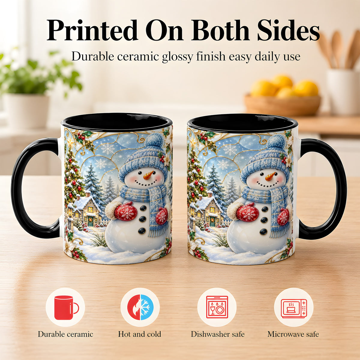 #pl[11oz|Black] Snowman Village Coffee Mug, Christmas Tree Mug, Ceramic Cup