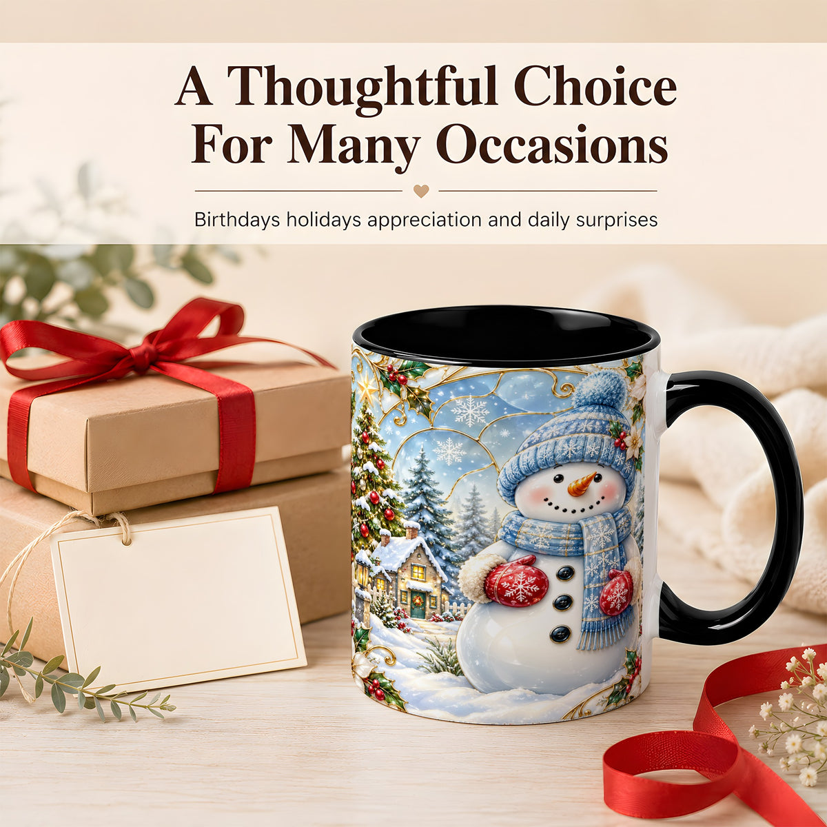 #pl[11oz|Black] Snowman Village Coffee Mug, Christmas Tree Mug, Ceramic Cup