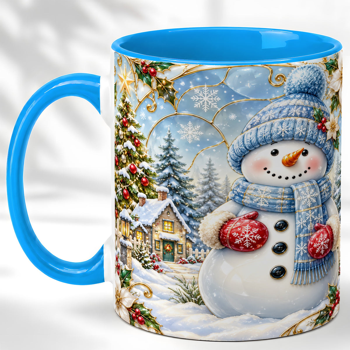 #pl[11oz|Blue] Snowman Village Coffee Mug, Christmas Tree Mug, Ceramic Cup