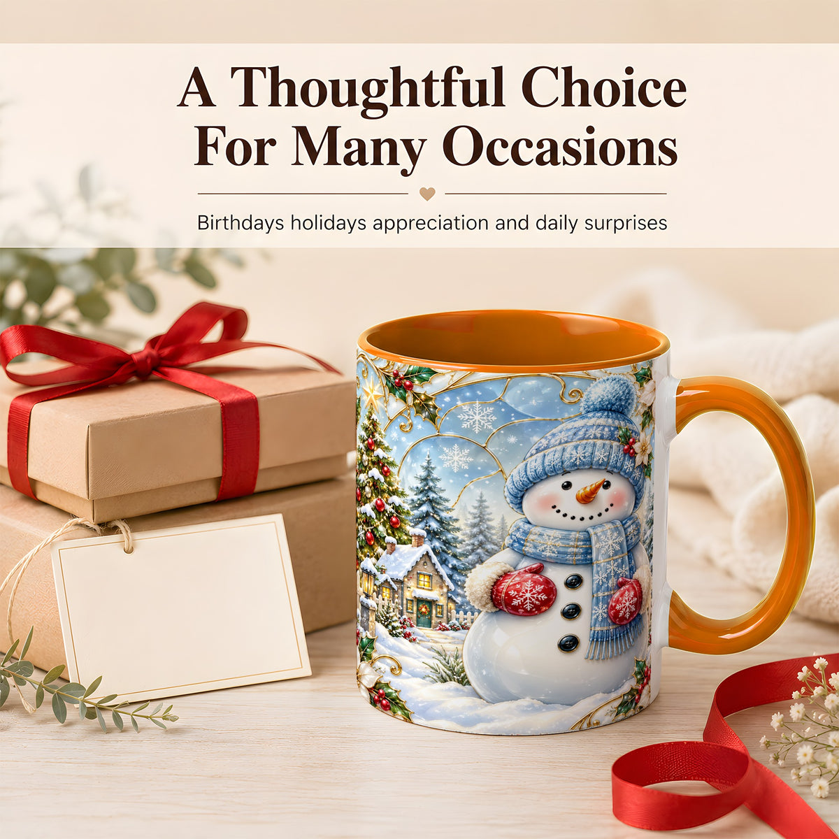 #pl[11oz|Orange] Snowman Village Coffee Mug, Christmas Tree Mug, Ceramic Cup