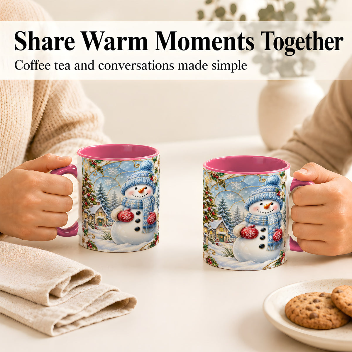#pl[11oz|Pink] Snowman Village Coffee Mug, Christmas Tree Mug, Ceramic Cup