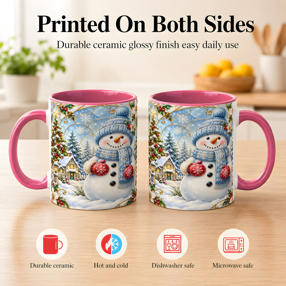 #pl[11oz|Pink] Snowman Village Coffee Mug, Christmas Tree Mug, Ceramic Cup