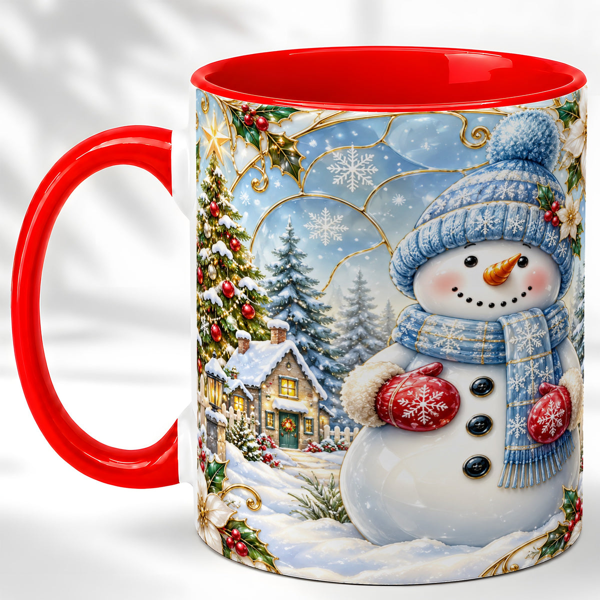 Snowman Village Coffee Mug, Christmas Tree Mug, Ceramic Cup