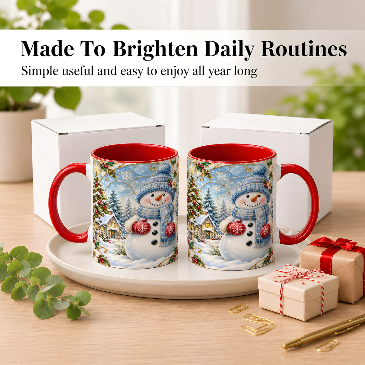 #pl[11oz|Red] Snowman Village Coffee Mug, Christmas Tree Mug, Ceramic Cup