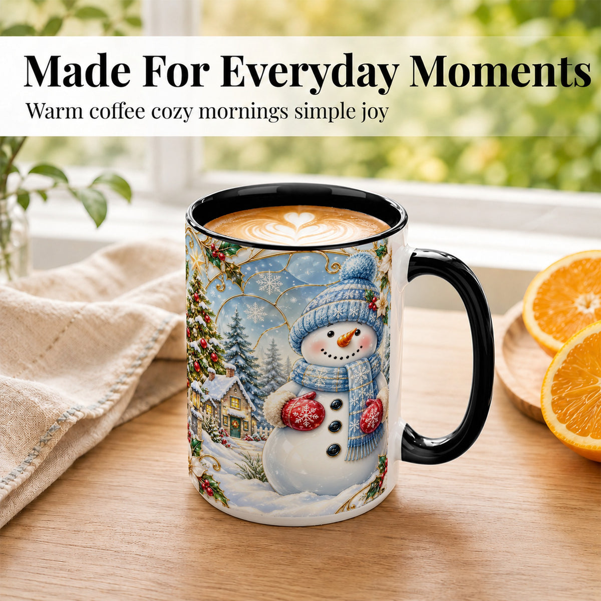 #pl[15oz|Black] Snowman Village Coffee Mug, Christmas Tree Mug, Ceramic Cup