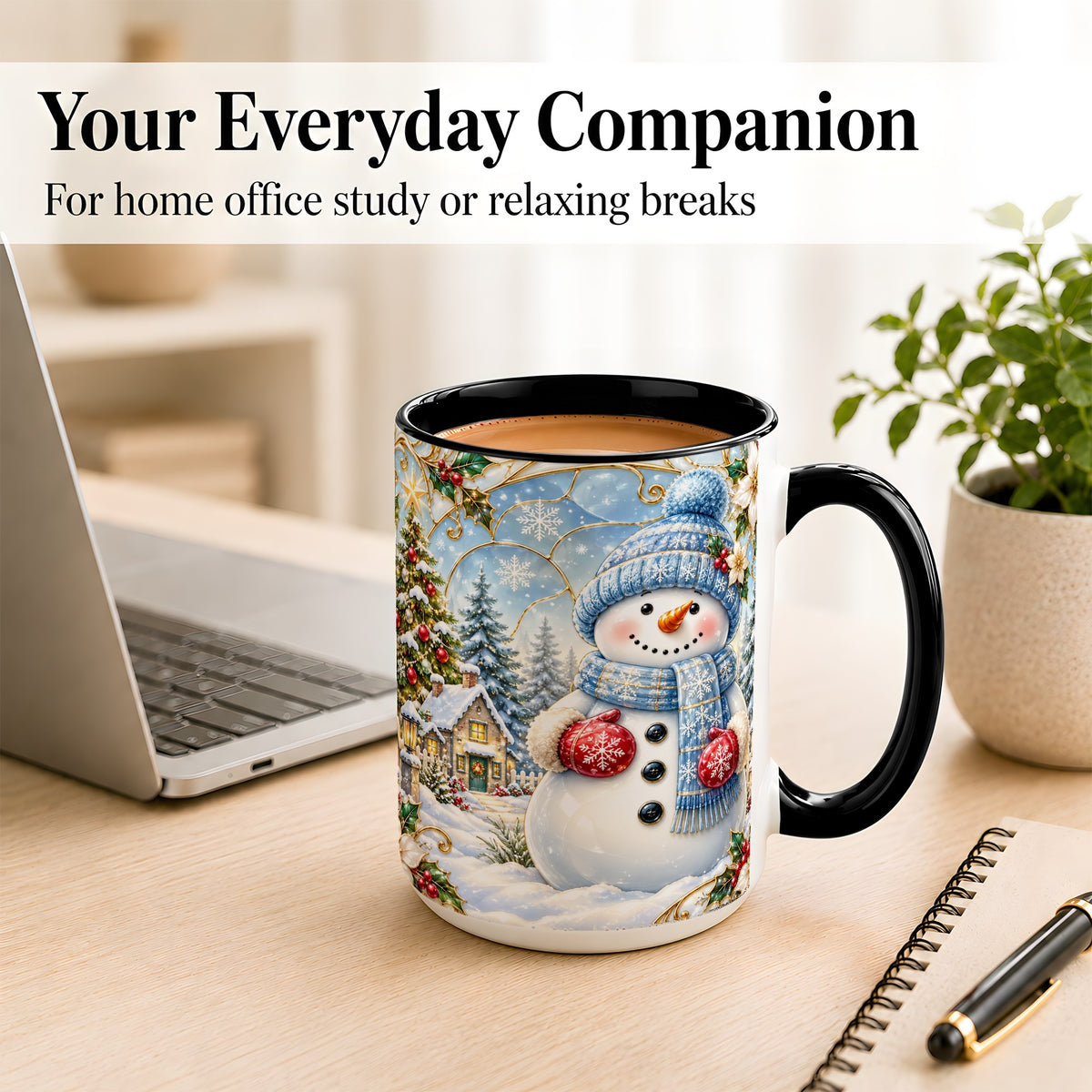 #pl[15oz|Black] Snowman Village Coffee Mug, Christmas Tree Mug, Ceramic Cup