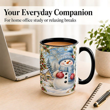#pl[15oz|Black] Snowman Village Coffee Mug, Christmas Tree Mug, Ceramic Cup