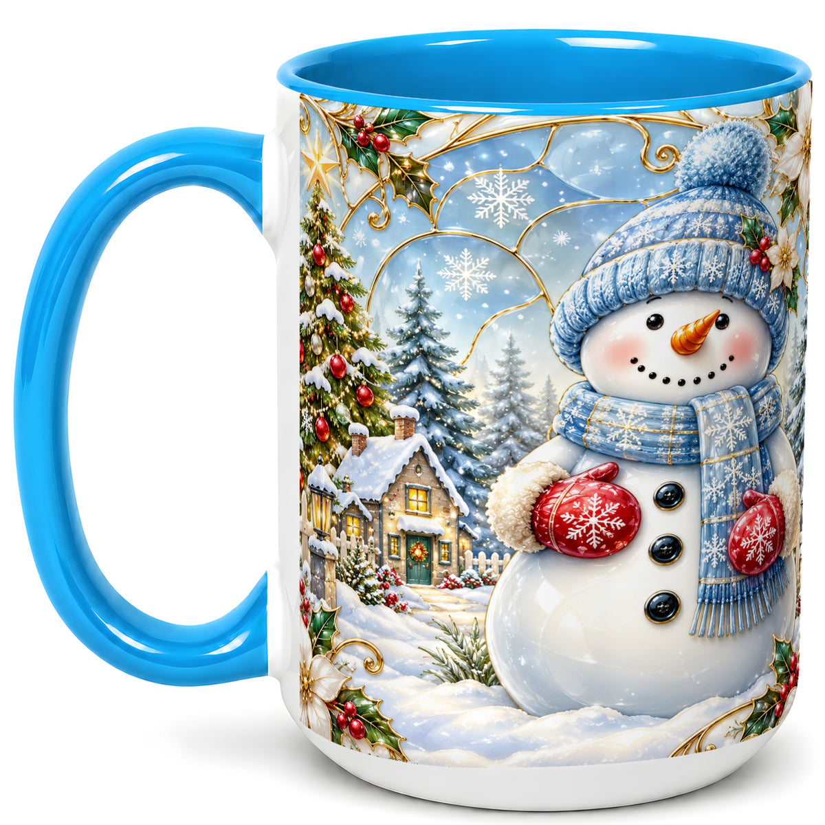 #pl[15oz|Blue] Snowman Village Coffee Mug, Christmas Tree Mug, Ceramic Cup
