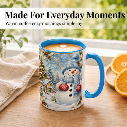 #pl[15oz|Blue] Snowman Village Coffee Mug, Christmas Tree Mug, Ceramic Cup