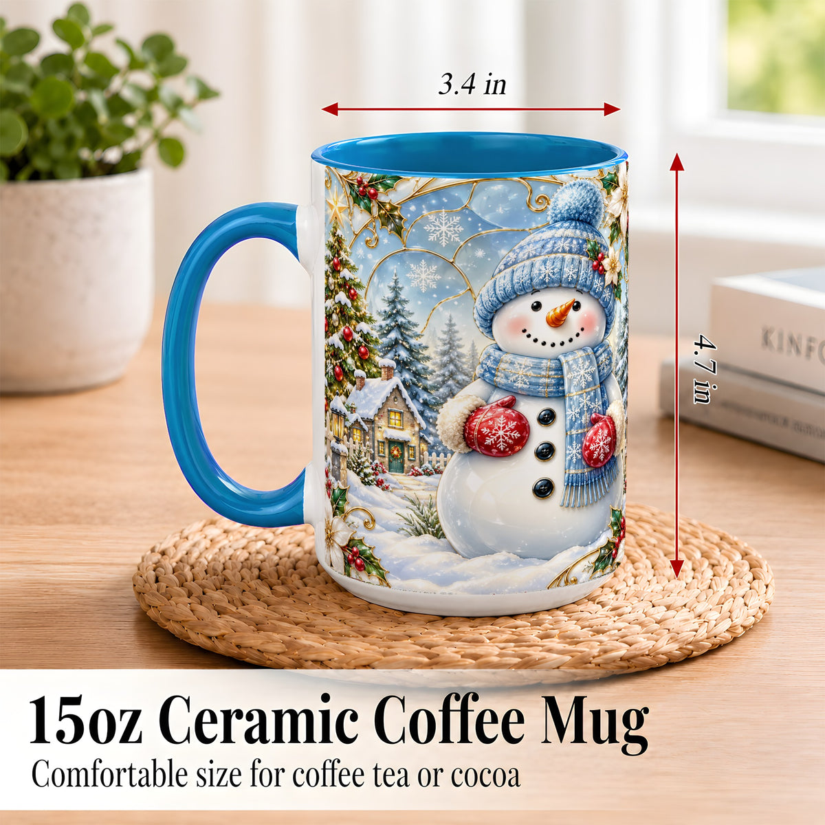#pl[15oz|Blue] Snowman Village Coffee Mug, Christmas Tree Mug, Ceramic Cup