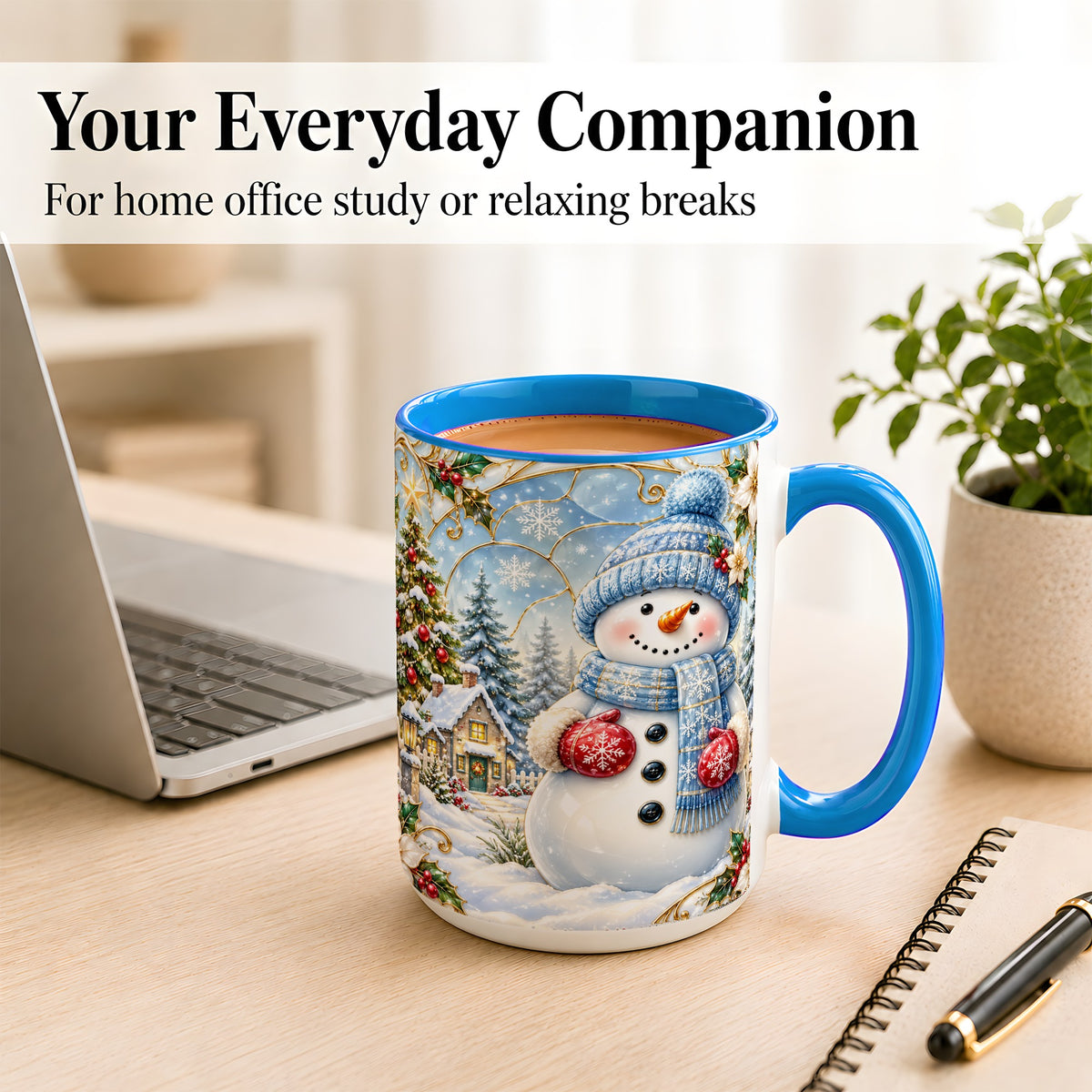 #pl[15oz|Blue] Snowman Village Coffee Mug, Christmas Tree Mug, Ceramic Cup