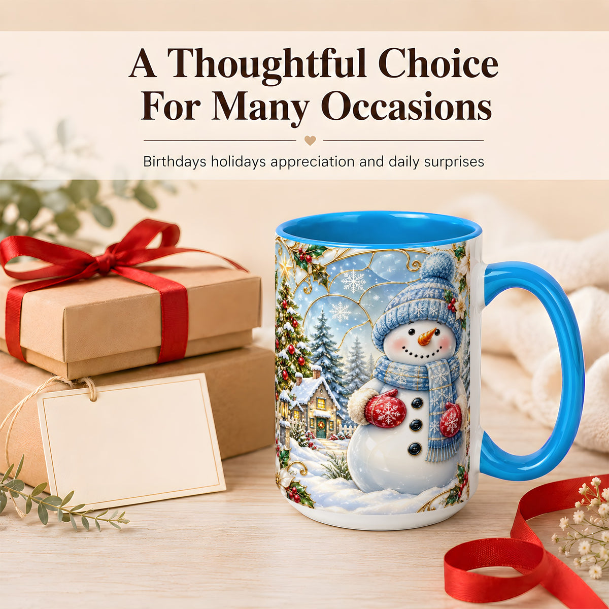 #pl[15oz|Blue] Snowman Village Coffee Mug, Christmas Tree Mug, Ceramic Cup