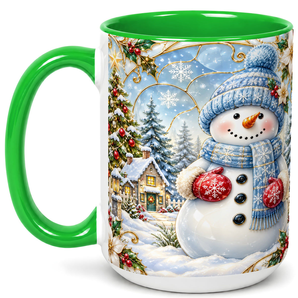 #pl[15oz|Green] Snowman Village Coffee Mug, Christmas Tree Mug, Ceramic Cup
