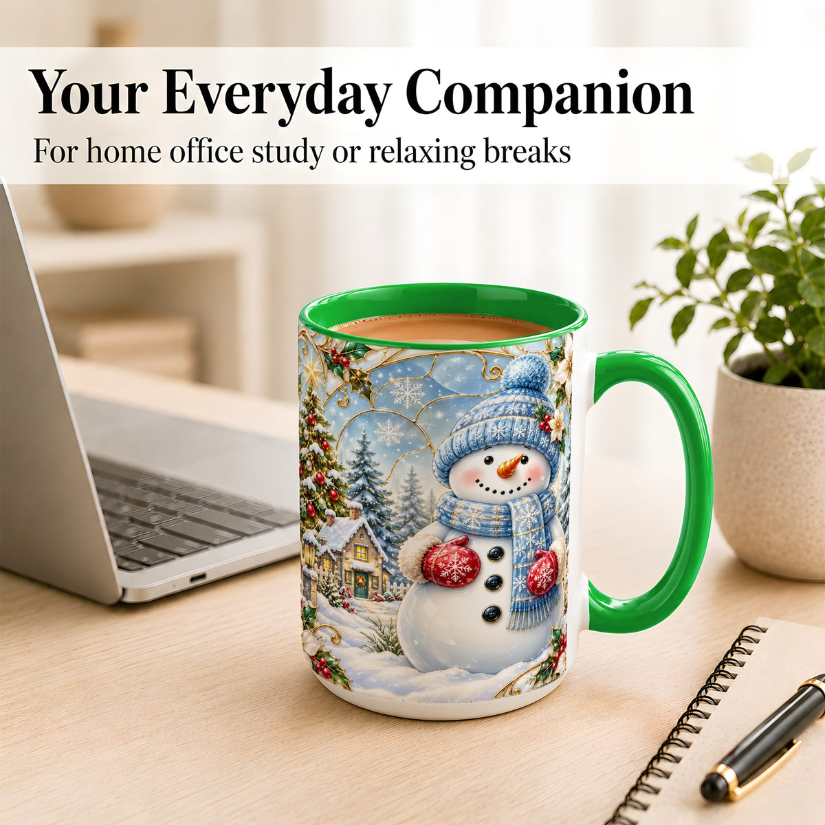 #pl[15oz|Green] Snowman Village Coffee Mug, Christmas Tree Mug, Ceramic Cup