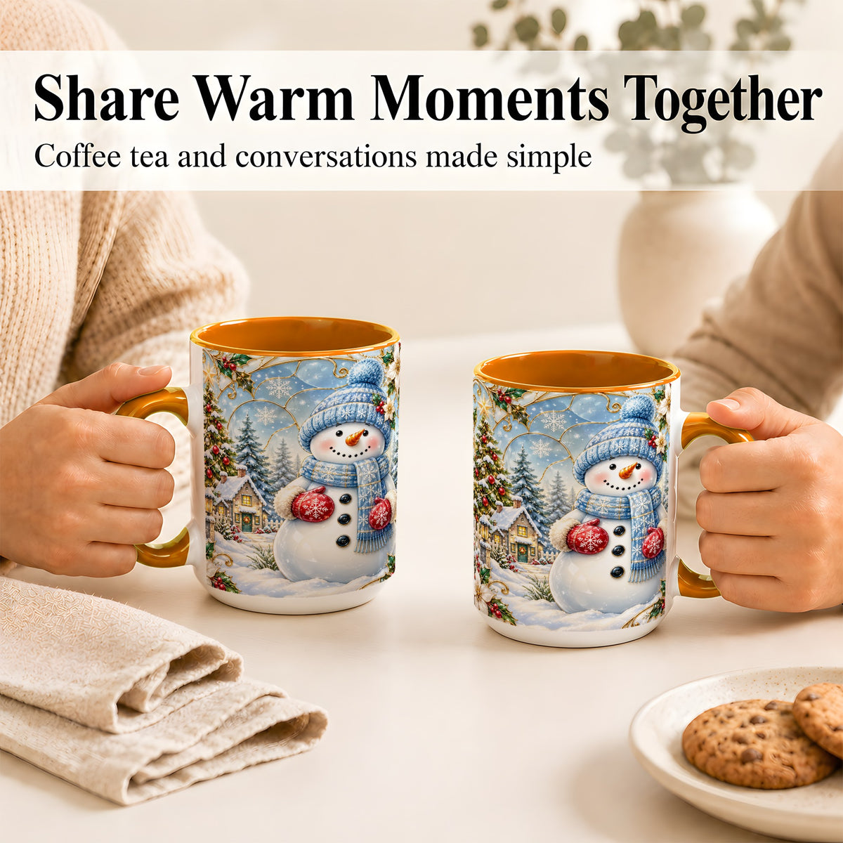 #pl[15oz|Orange] Snowman Village Coffee Mug, Christmas Tree Mug, Ceramic Cup