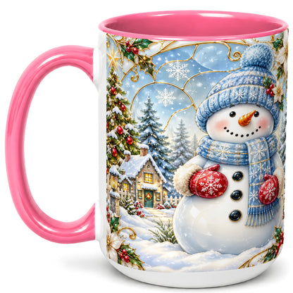 #pl[15oz|Pink] Snowman Village Coffee Mug, Christmas Tree Mug, Ceramic Cup
