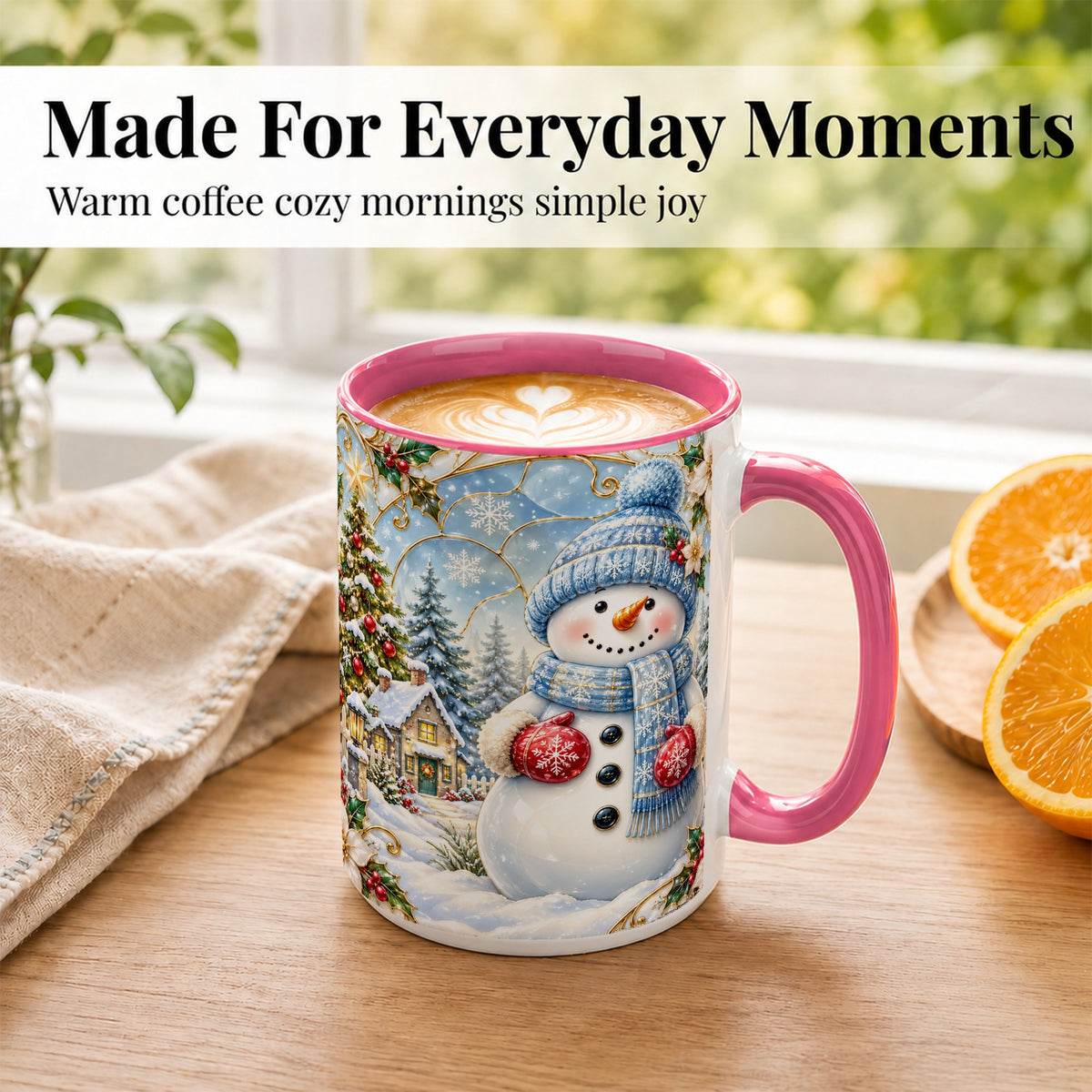 #pl[15oz|Pink] Snowman Village Coffee Mug, Christmas Tree Mug, Ceramic Cup