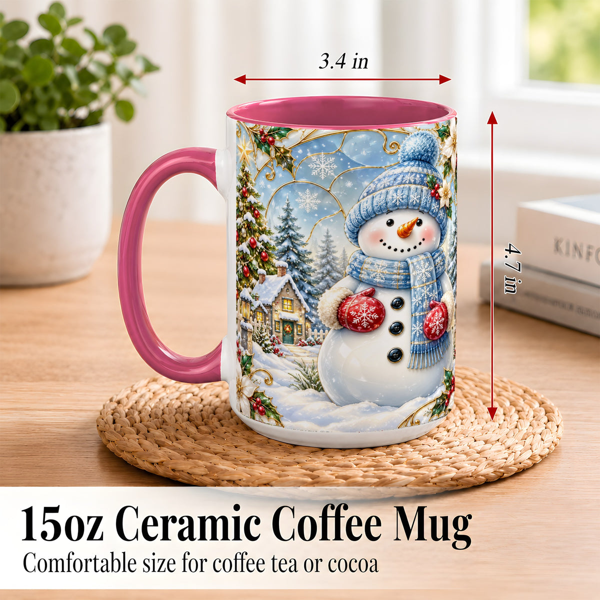 #pl[15oz|Pink] Snowman Village Coffee Mug, Christmas Tree Mug, Ceramic Cup