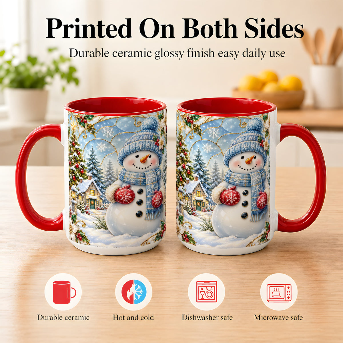 #pl[15oz|Red] Snowman Village Coffee Mug, Christmas Tree Mug, Ceramic Cup