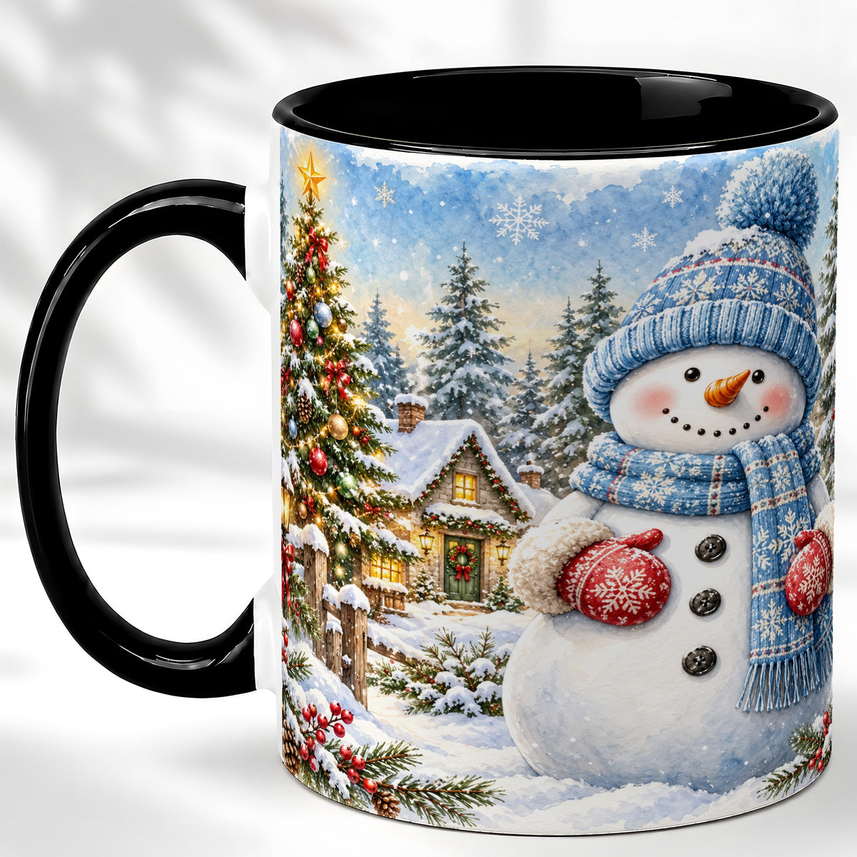 #pl[11oz|Black] Watercolor Snowman Coffee Mug, Winter Village Mug, Ceramic Cup