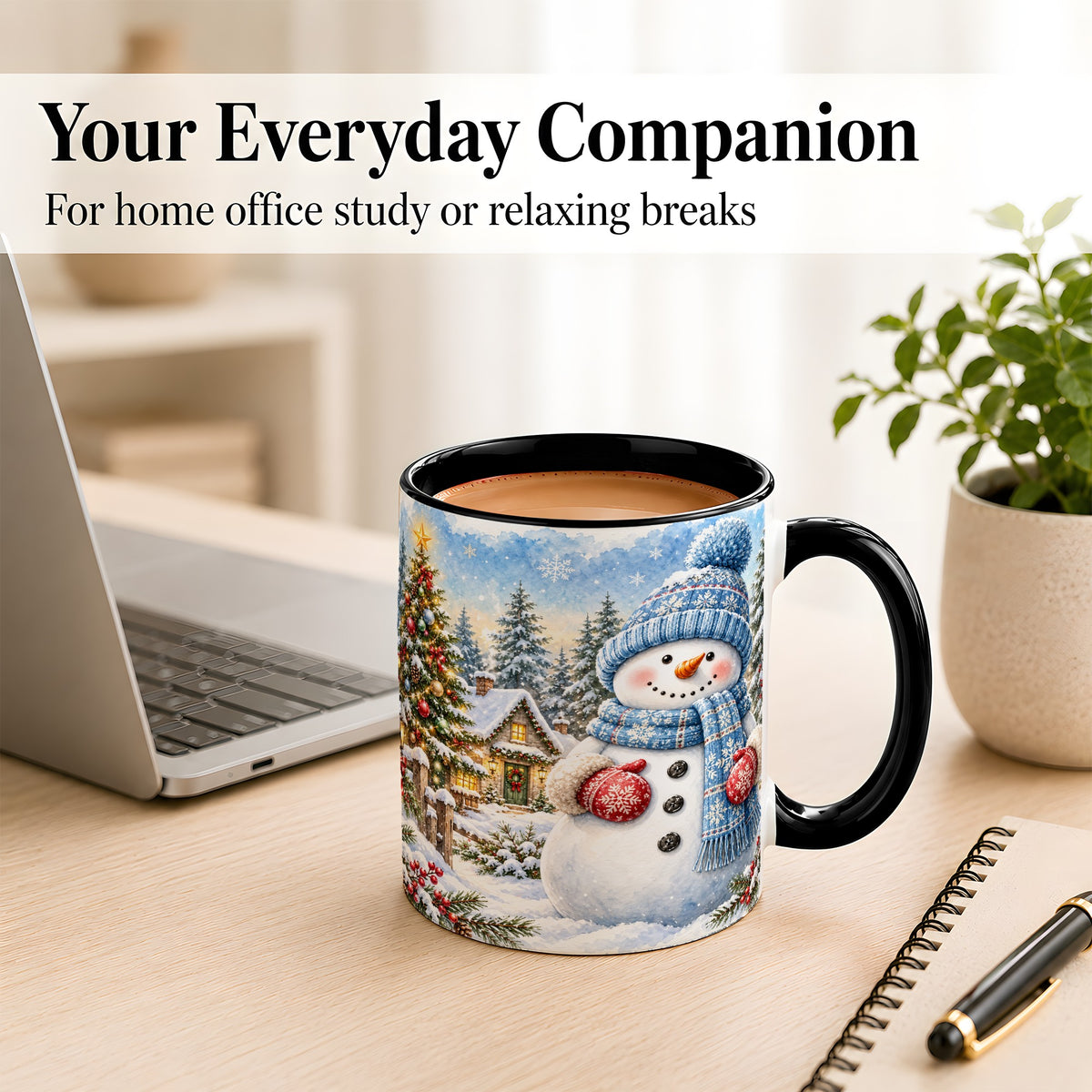 #pl[11oz|Black] Watercolor Snowman Coffee Mug, Winter Village Mug, Ceramic Cup