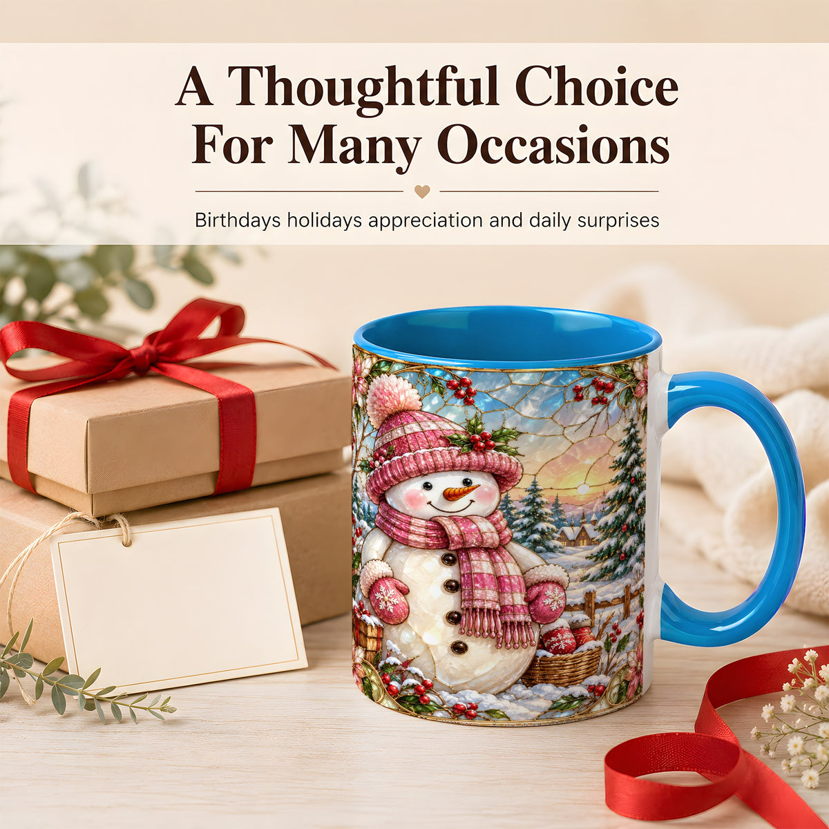 #pl[11oz|Blue] Pink Snowman Coffee Mug, Winter Village Mug, Ceramic Cup