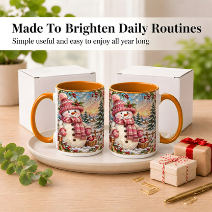 #pl[15oz|Orange] Pink Snowman Coffee Mug, Winter Village Mug, Ceramic Cup