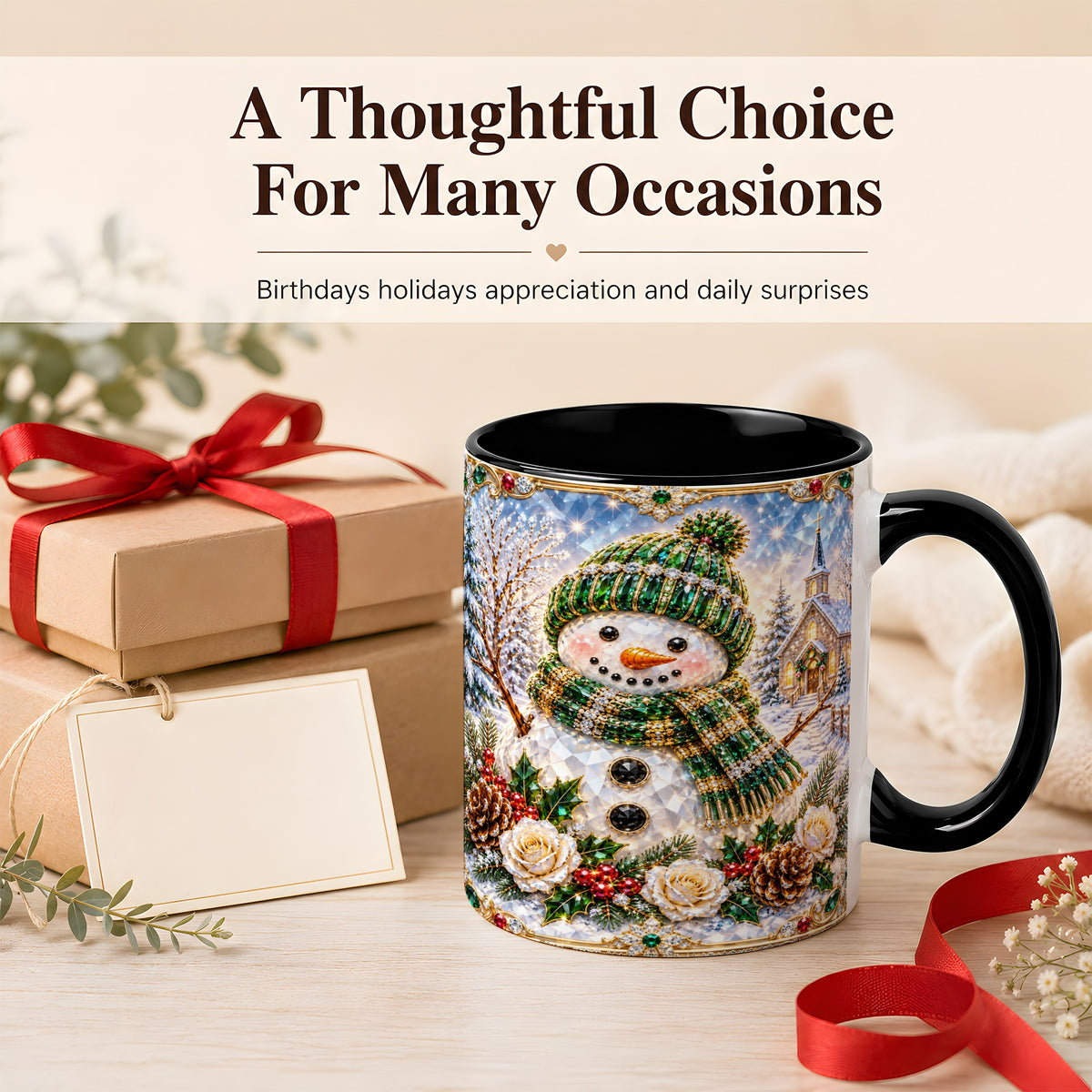 #pl[11oz|Black] Green Snowman Coffee Mug, Winter Church Mug, Ceramic Cup
