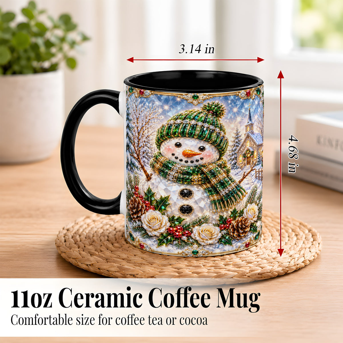 #pl[11oz|Black] Green Snowman Coffee Mug, Winter Church Mug, Ceramic Cup