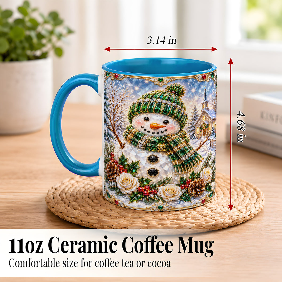 #pl[11oz|Blue] Green Snowman Coffee Mug, Winter Church Mug, Ceramic Cup