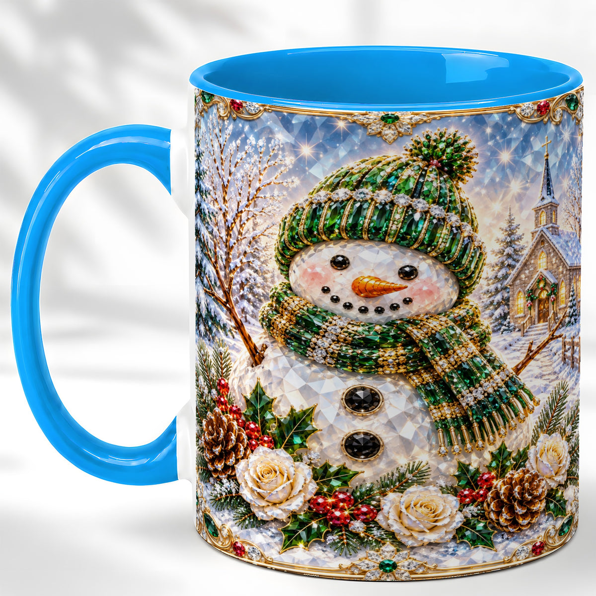 #pl[11oz|Blue] Green Snowman Coffee Mug, Winter Church Mug, Ceramic Cup