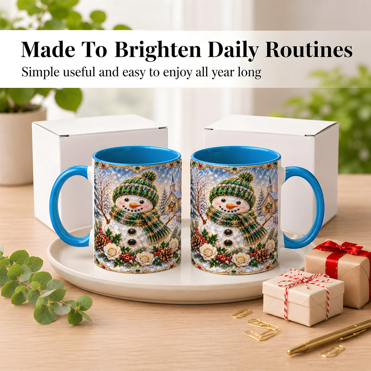 #pl[11oz|Blue] Green Snowman Coffee Mug, Winter Church Mug, Ceramic Cup