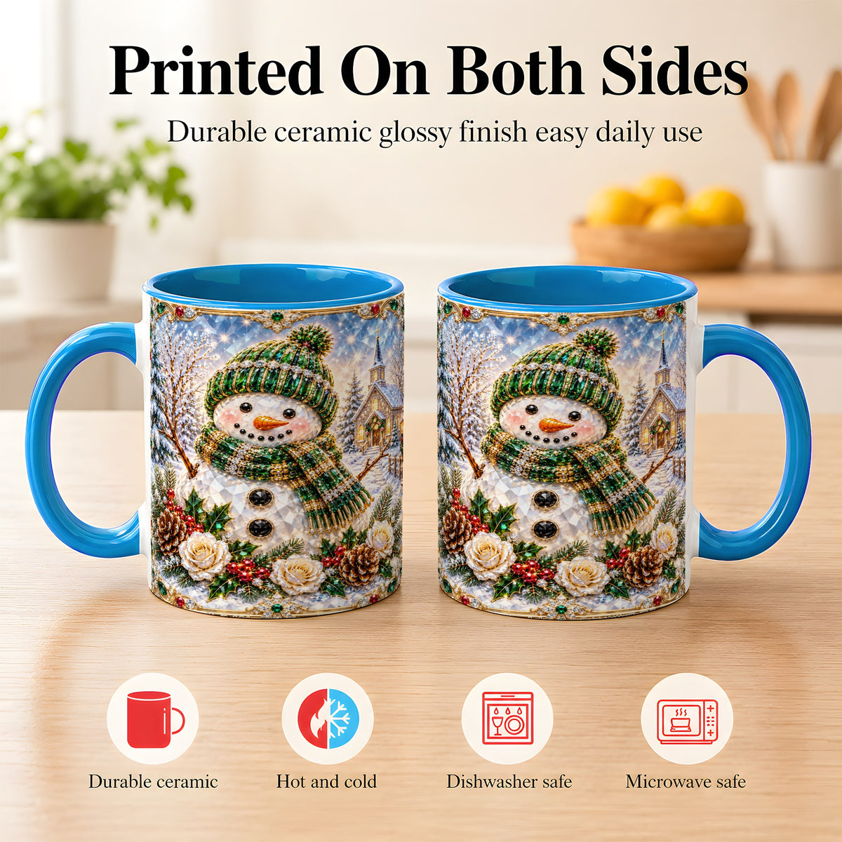 #pl[11oz|Blue] Green Snowman Coffee Mug, Winter Church Mug, Ceramic Cup