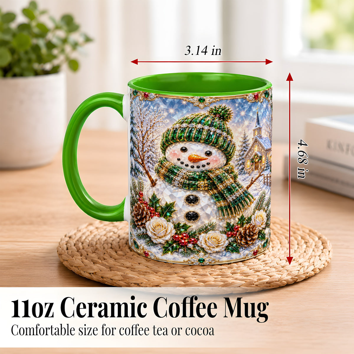 #pl[11oz|Green] Green Snowman Coffee Mug, Winter Church Mug, Ceramic Cup
