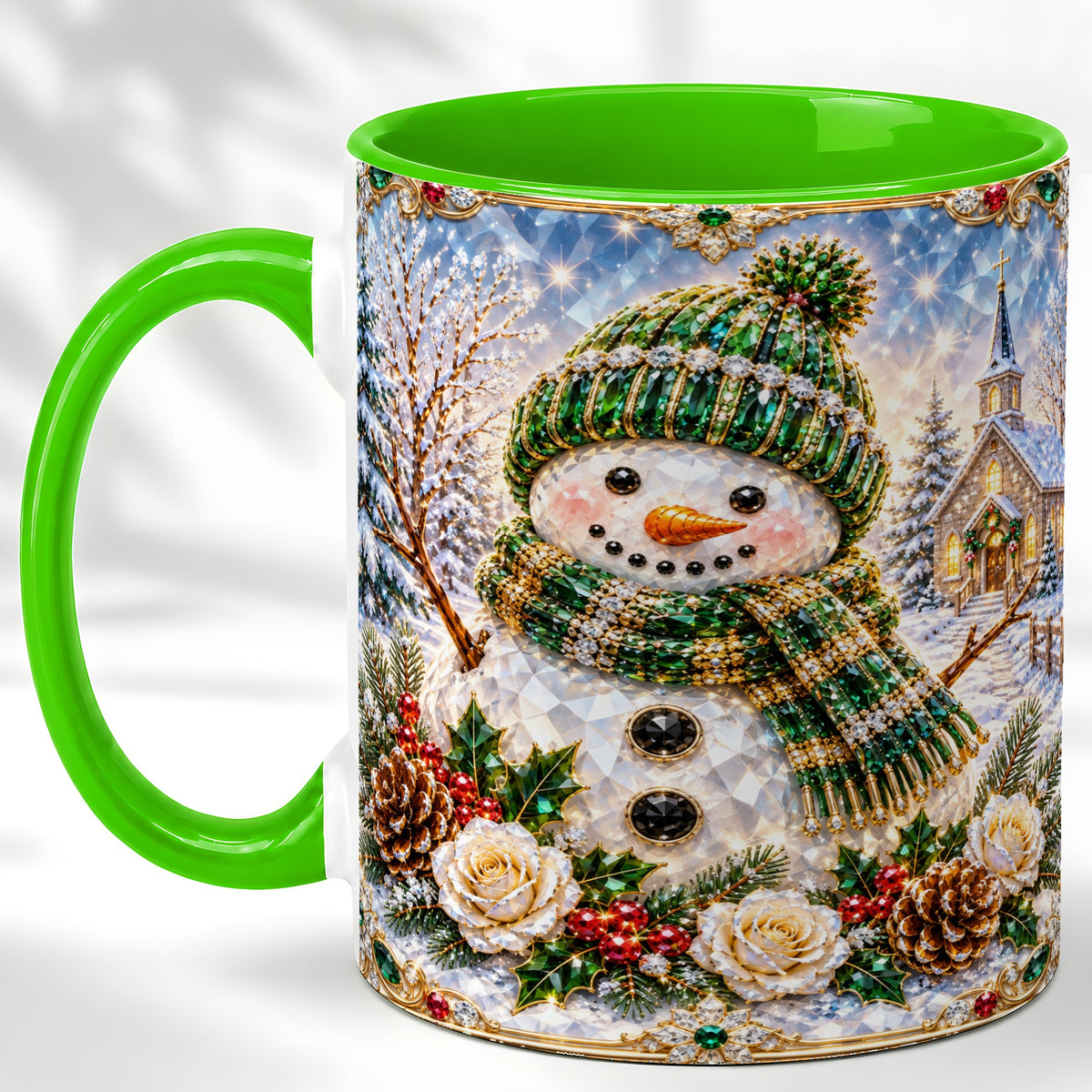 #pl[11oz|Green] Green Snowman Coffee Mug, Winter Church Mug, Ceramic Cup