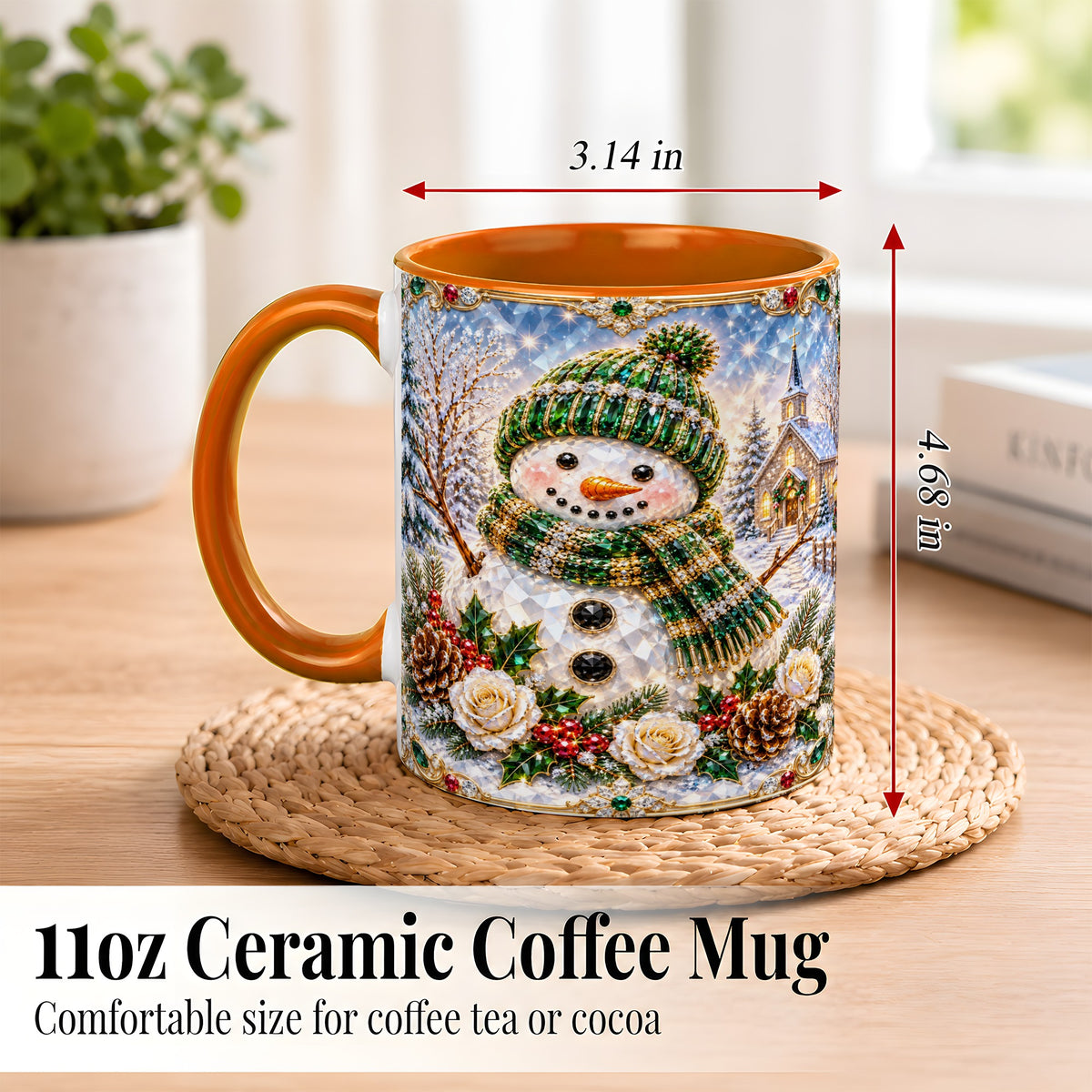 #pl[11oz|Orange] Green Snowman Coffee Mug, Winter Church Mug, Ceramic Cup