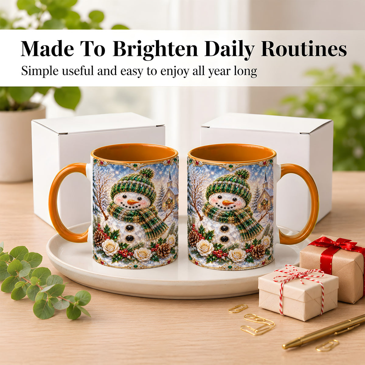 #pl[11oz|Orange] Green Snowman Coffee Mug, Winter Church Mug, Ceramic Cup