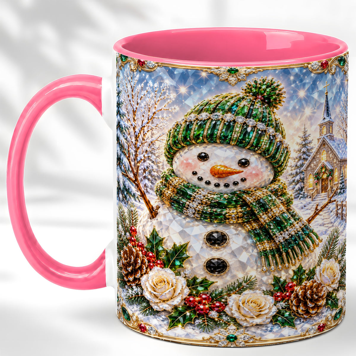 #pl[11oz|Pink] Green Snowman Coffee Mug, Winter Church Mug, Ceramic Cup