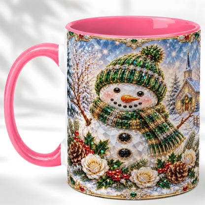 #pl[11oz|Pink] Green Snowman Coffee Mug, Winter Church Mug, Ceramic Cup